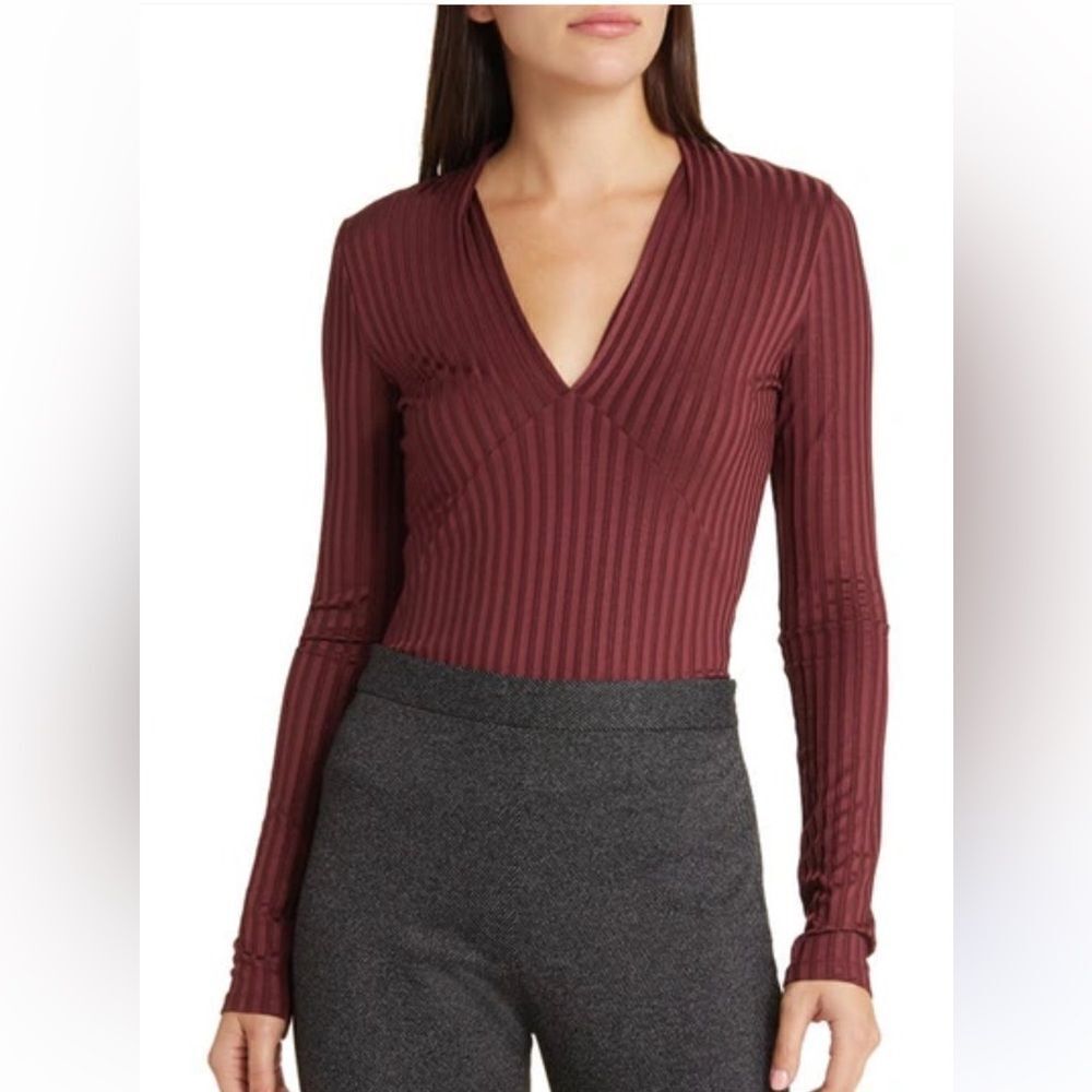 Hugo Boss Maroon Long Sleeve Sparkle V-Neck Blouse Top Medium